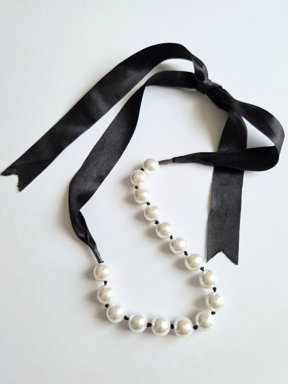Faux Pearl and Black Ribbon Necklace